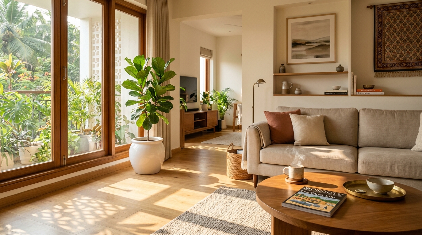 Peaceful sunlit living room with morning coffee and spotless floors
