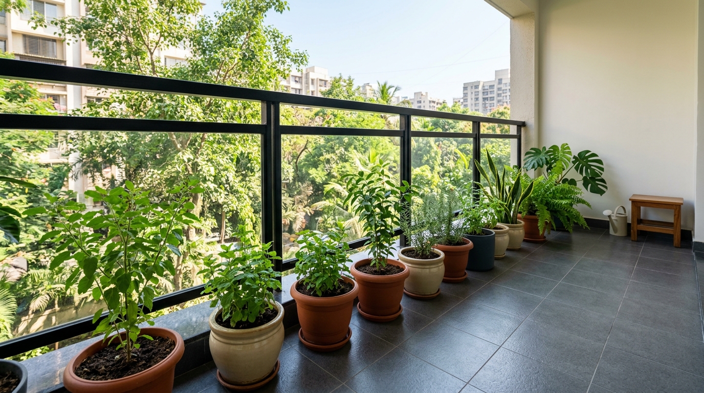 Clean swept apartment balcony with wiped railings and vibrant potted plants