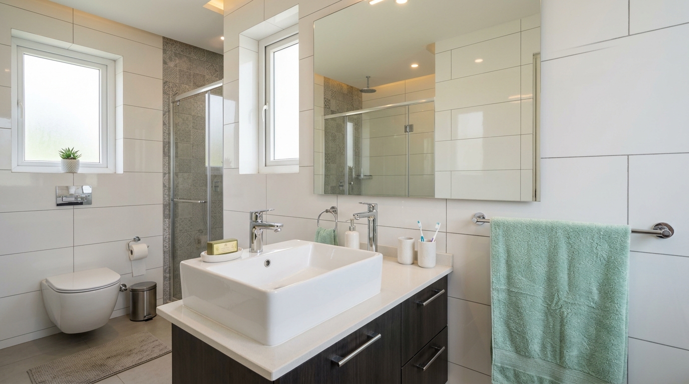 Sparkling clean modern bathroom with gleaming faucet, spotless basin, and fresh tiles