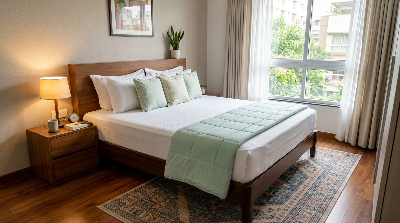 Neatly made bed with crisp tucked sheets, hospital corners, and folded mint comforter