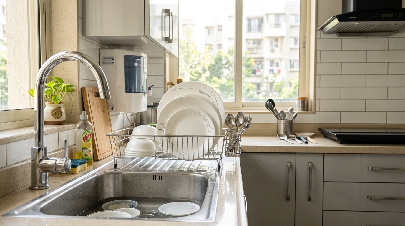 Clean modern Indian kitchen with spotless stainless steel sink and drying rack with washed plates
