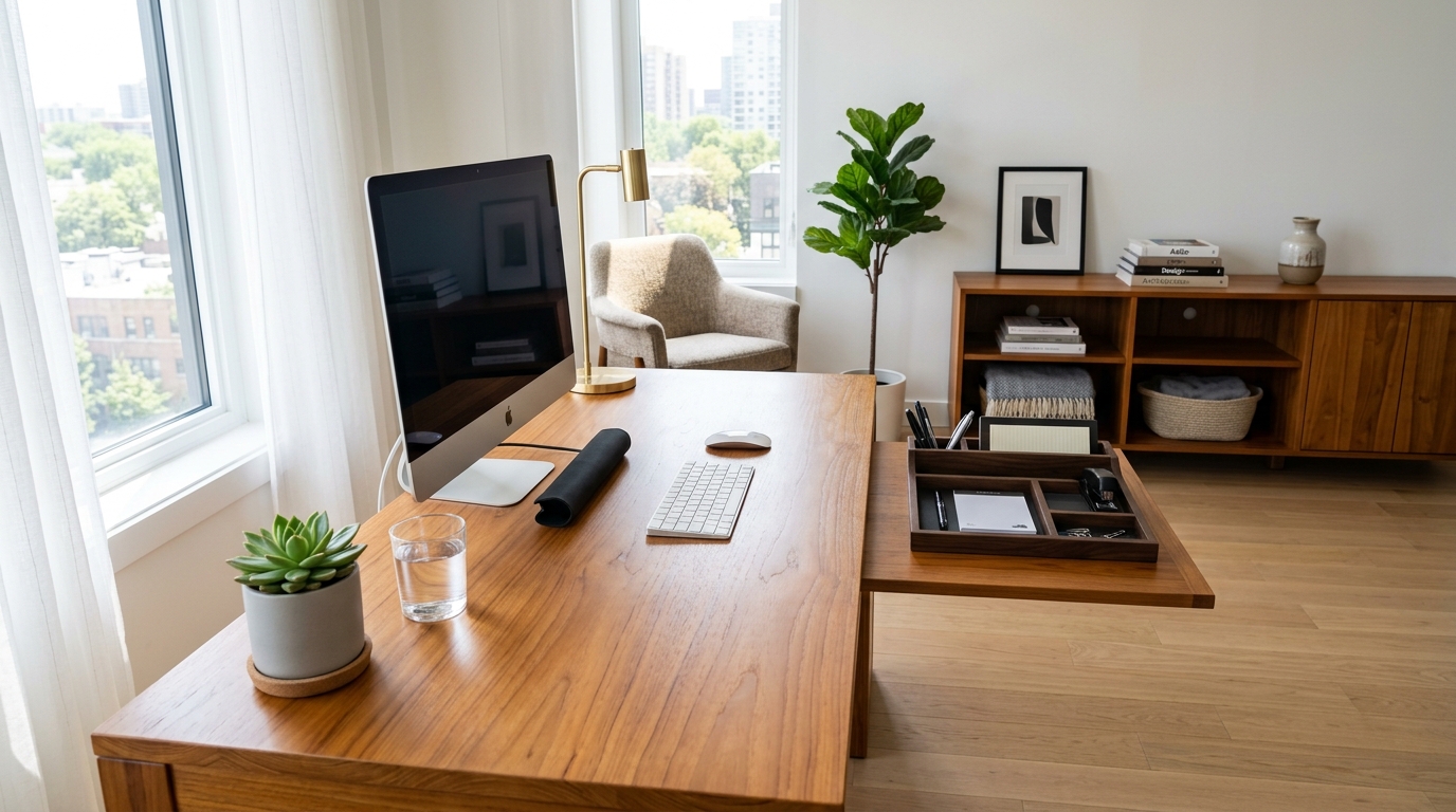 Dusted and organized wooden desk and living room entertainment console