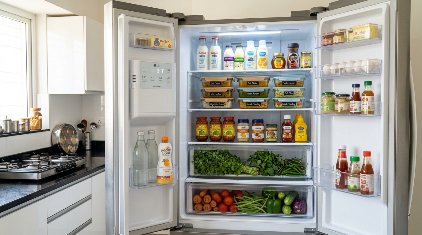 Open clean refrigerator with spotless glass shelves and neatly organized containers
