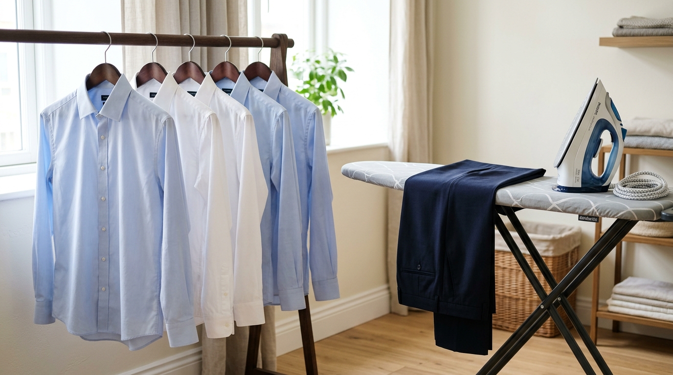 Freshly pressed office shirts on hangers and ironed trousers on an ironing board