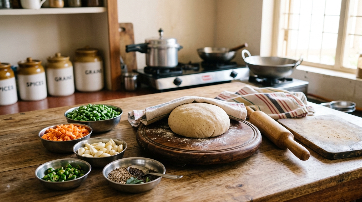 Fresh meal prep with chopped vegetables in bowls and kneaded atta dough on wooden chakla
