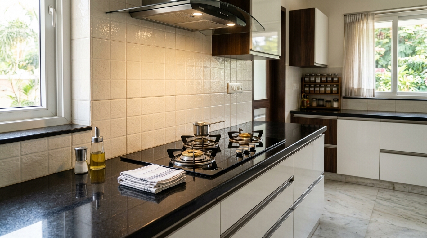 Gleaming polished black granite kitchen countertop and degreased gas burner stove