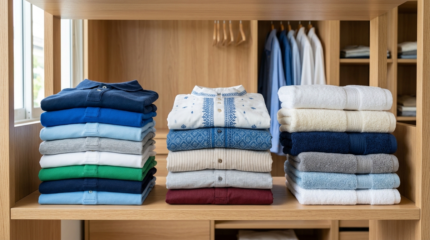 Neat stacks of folded cotton shirts, kurtas, and towels inside a wardrobe