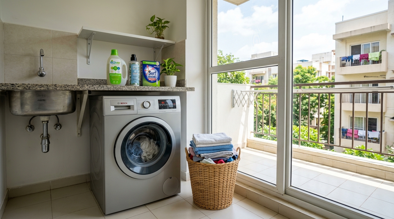 Modern front-load washing machine and wicker basket with sorted laundry