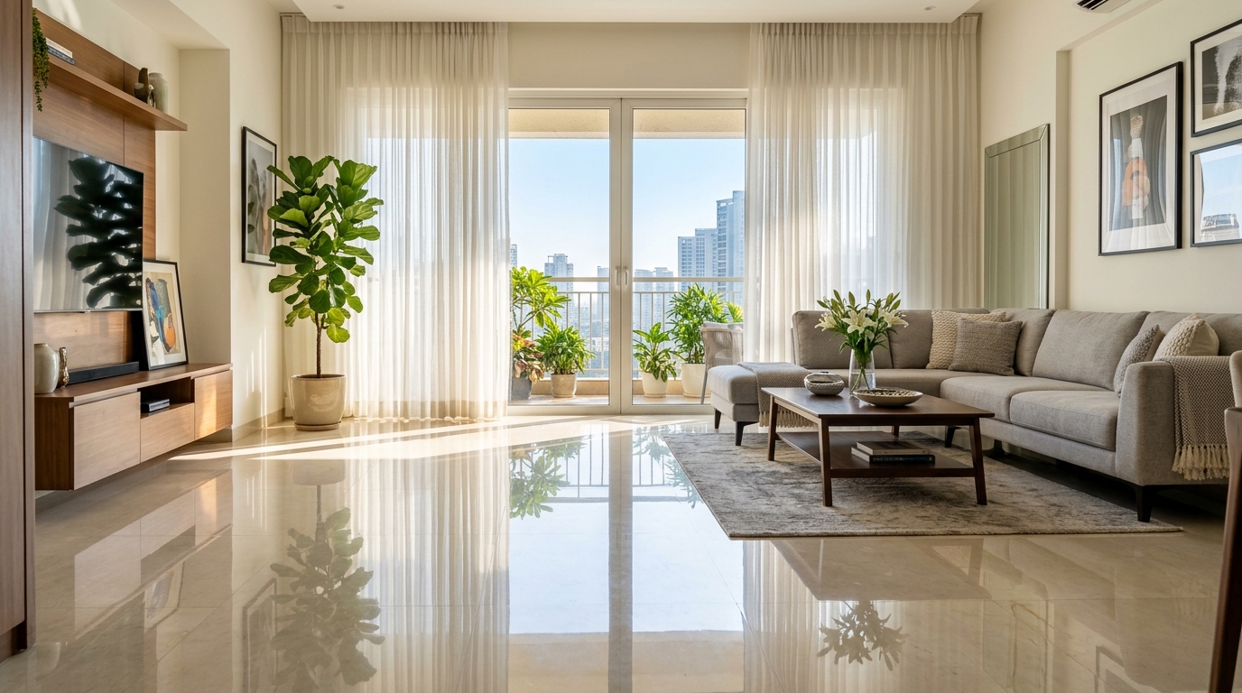 Sunlit living room with pristine gleaming vitrified tile floor reflecting natural light