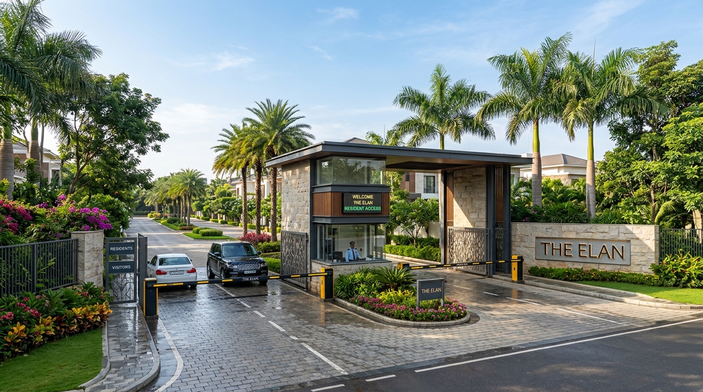 High-end gated residential society entrance with digital security pass integration