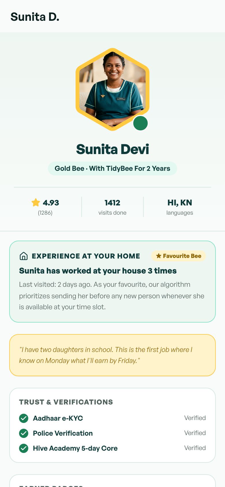 Bee profile: Sunita Devi, Gold Bee, 4.93 rating, 1,412 visits, ID and police verified.