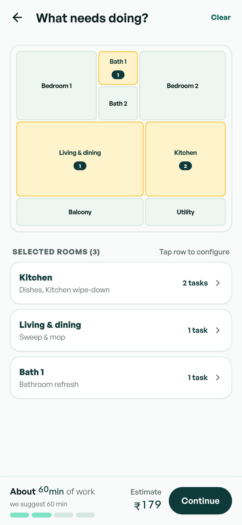Booking map with kitchen, living room and a bathroom picked, about 60 minutes, ₹179.