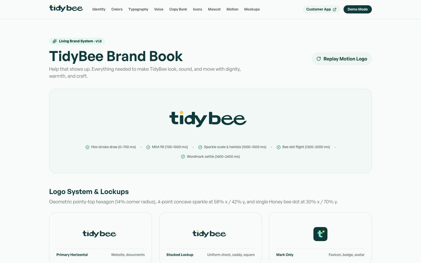 TidyBee brand book cover with the motion logo.