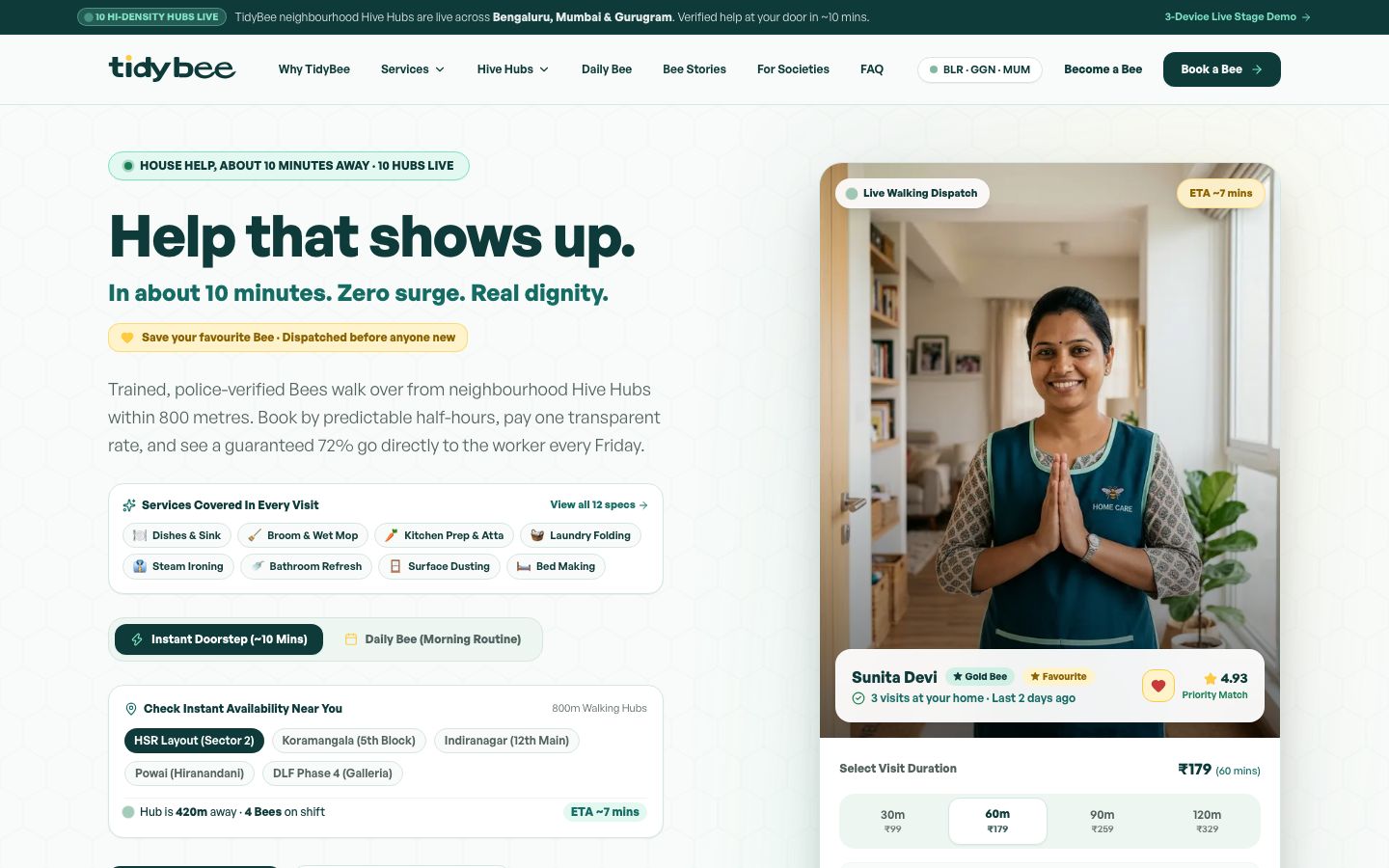 TidyBee website hero: Help that shows up, with Sunita and a booking card.